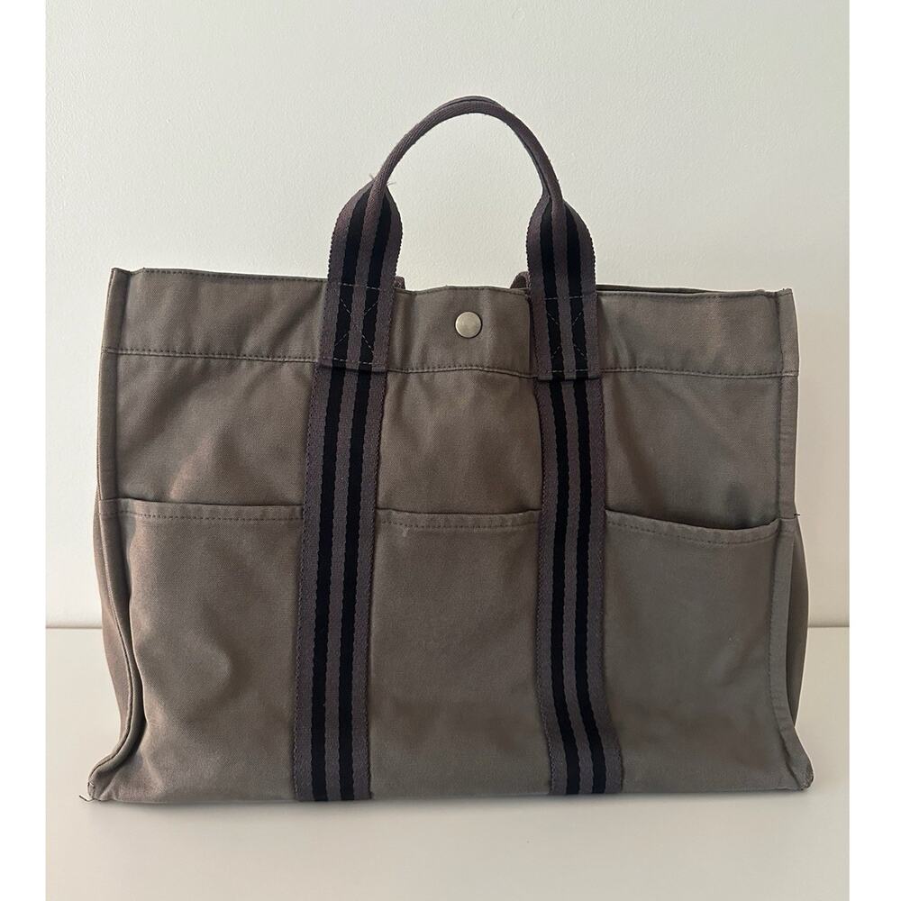 Hermès Herline Canvas Tote Bag Gray Striped Handles Authentic